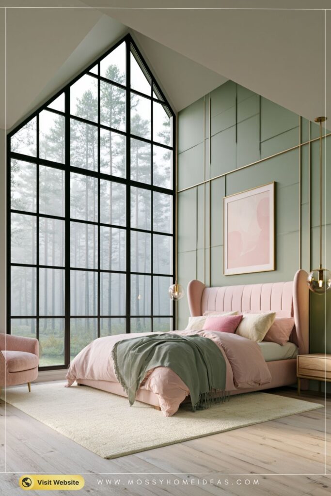 Dreamy Pastel Retreat With Soaring Floor-To-Ceiling Forest Window