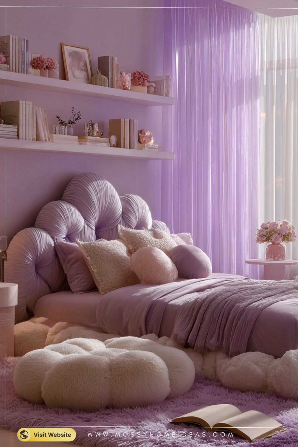 Dreamy Purple Cloud Bedroom with Glowing Fluffy Ceiling Light