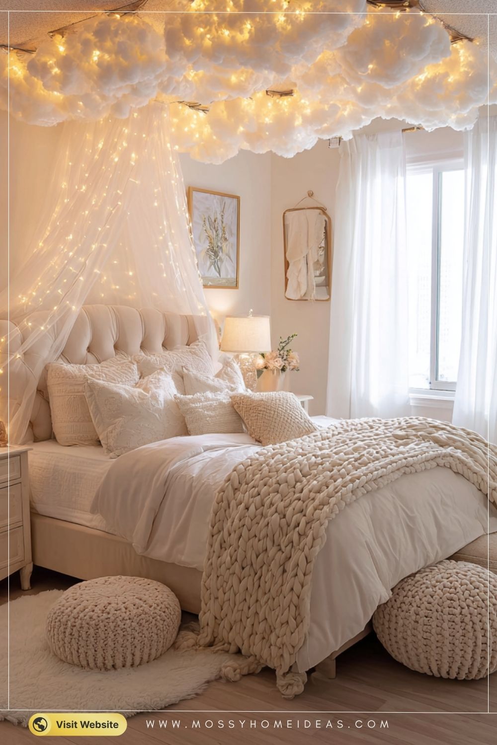 Dreamy White Bedroom with Cloud Lights Fairy Canopy