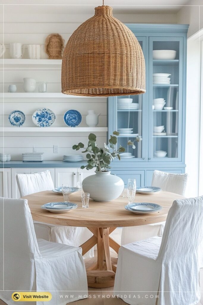 Dusty Blue Built-In Dining Cabinetry for Breezy Coastal Style