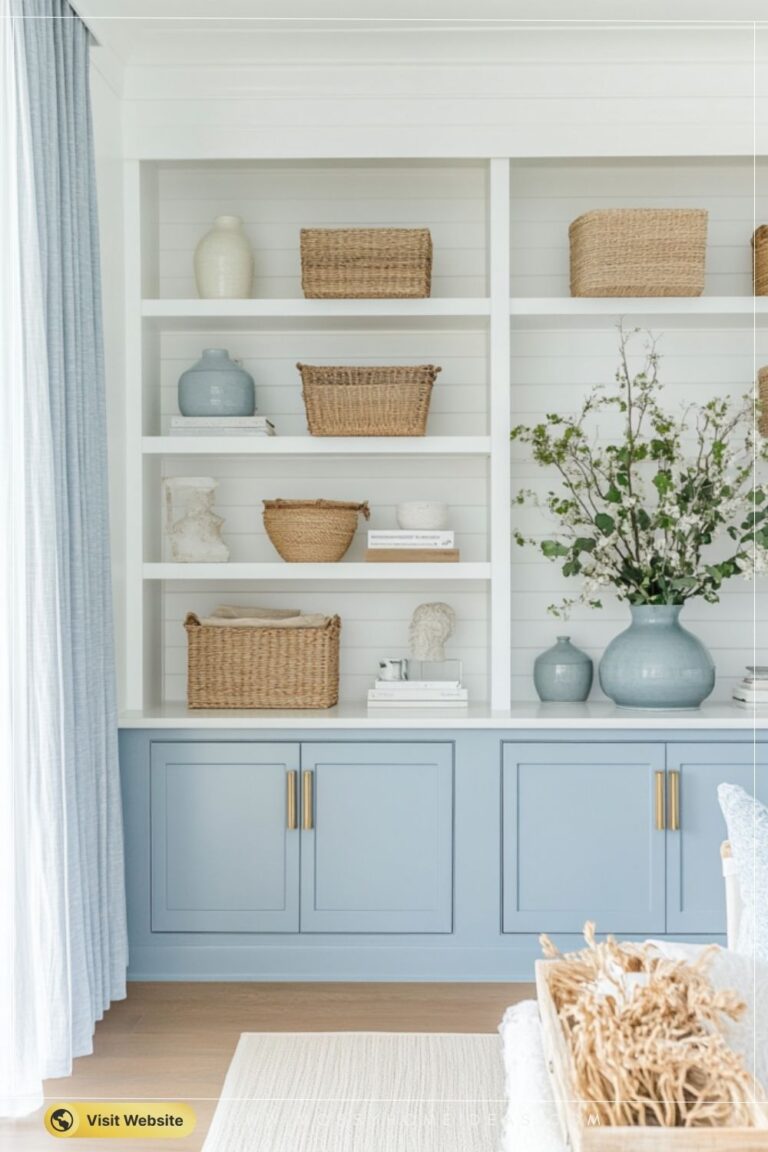 Dusty Blue Cabinetry with Brass Accents for Coastal Charm