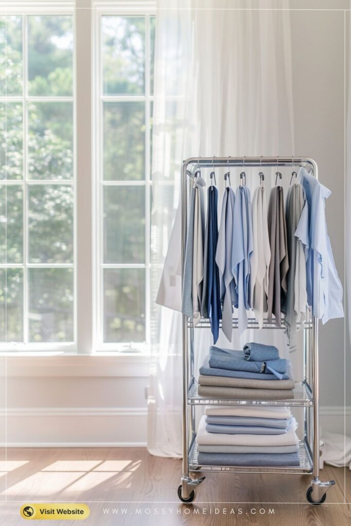 Dusty-Blue Rolling Tie Cart for a Bright Dressing Room