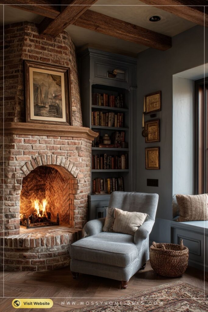 Dusty Blue Study Brick Corner Fireplace with Bookshelves