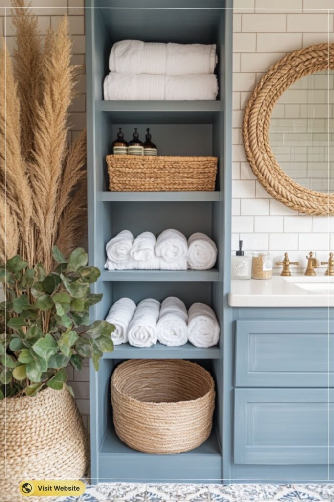 Dusty Teal Bathroom Shelving with Boho Basket Storage