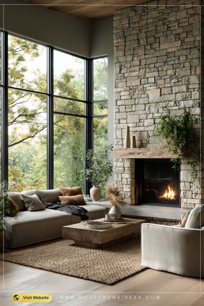 Earthy Sage-Toned Stone Corner Fireplace with Organic Calm