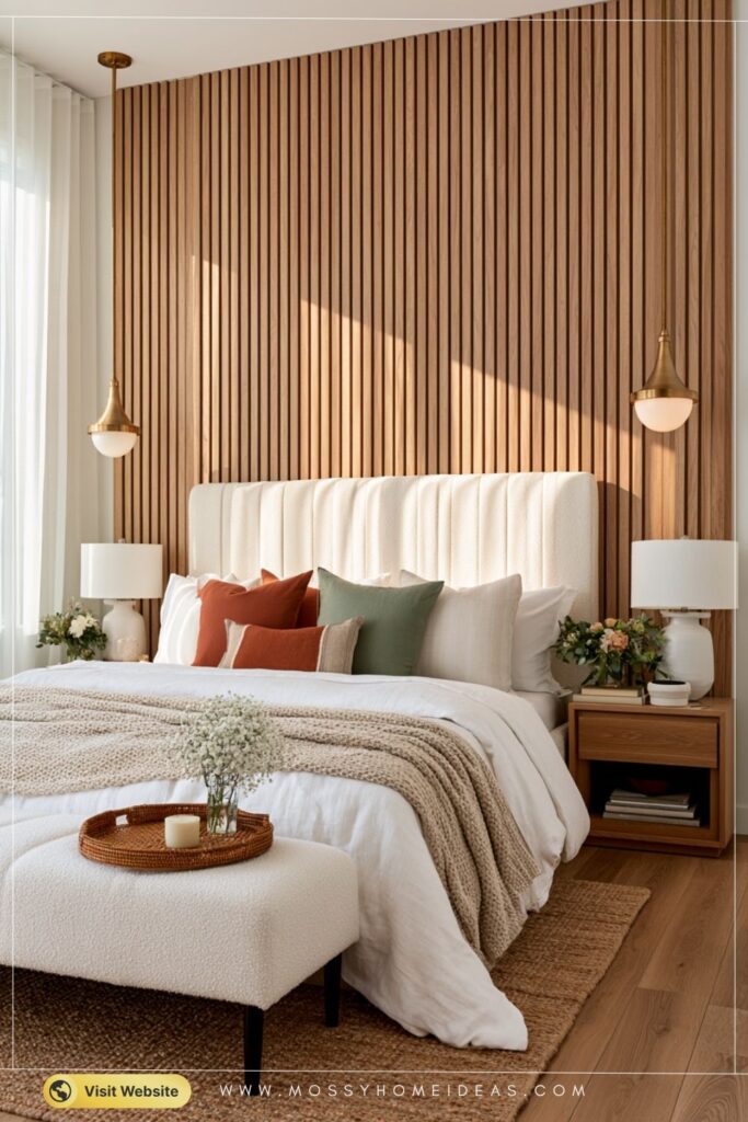 Elegant Minimalist Bedroom With Wooden Accent Feature Wall