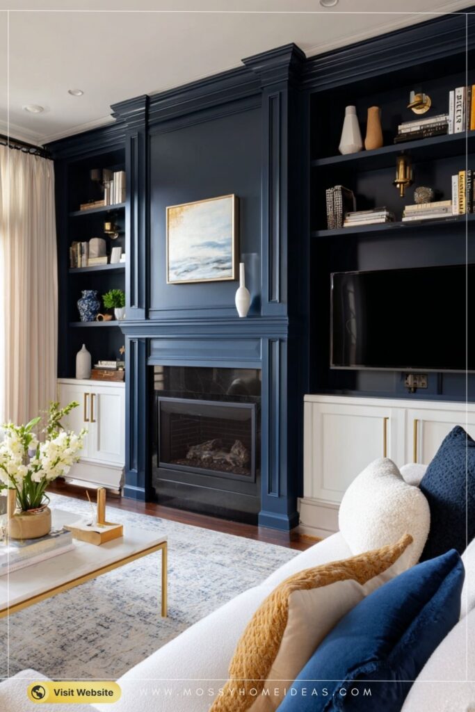 Elegant Navy Fireplace Wall with Brass-Styled Shelves'