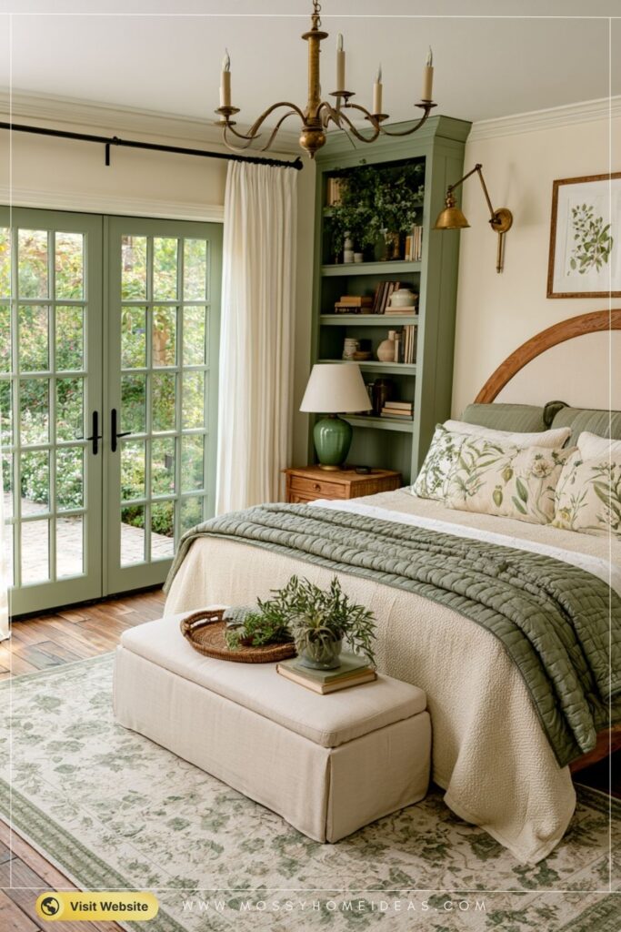 Elegant Sage Green Bedroom With Garden French Doors
