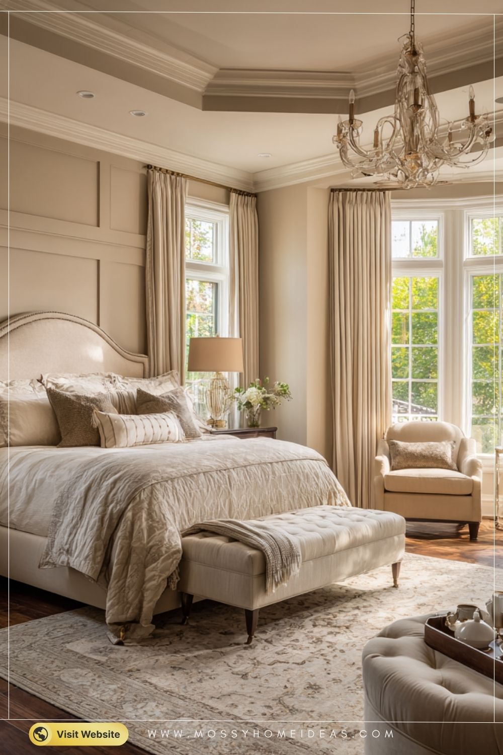 Elegant Traditional Bedroom with Crystal Chandelier Neutral Tones