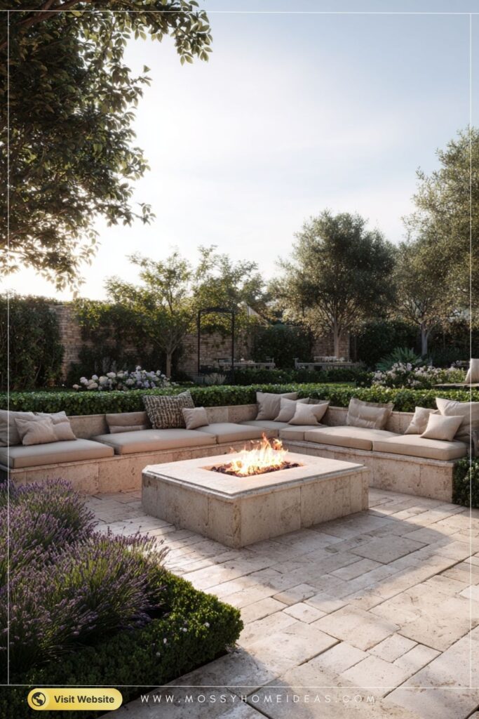 Elegant Travertine Square Fire Pit with Tranquil Garden Surround