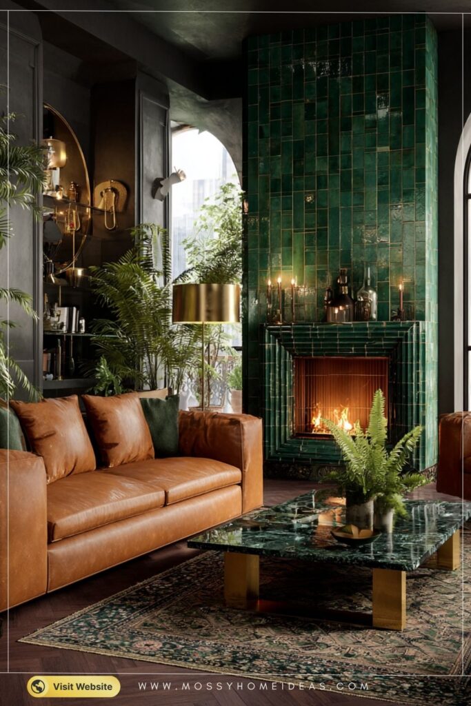 Emerald Luxe Glossy Green Tile Fireplace Living Room
