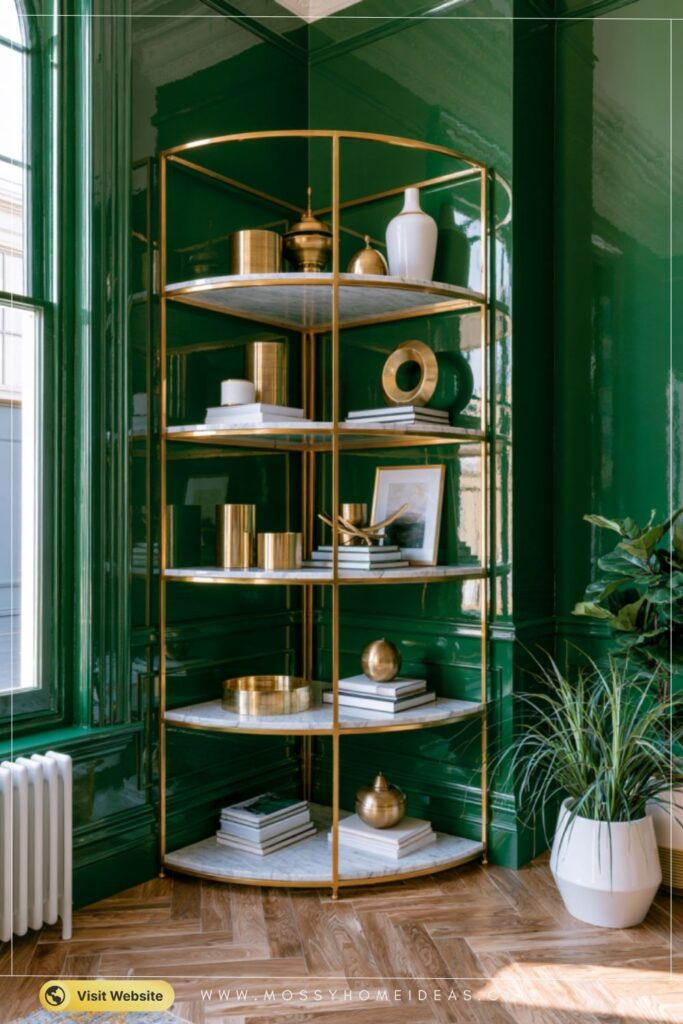 Emerald and Gold Corner Shelf Ideas for Smart Living Room Storage