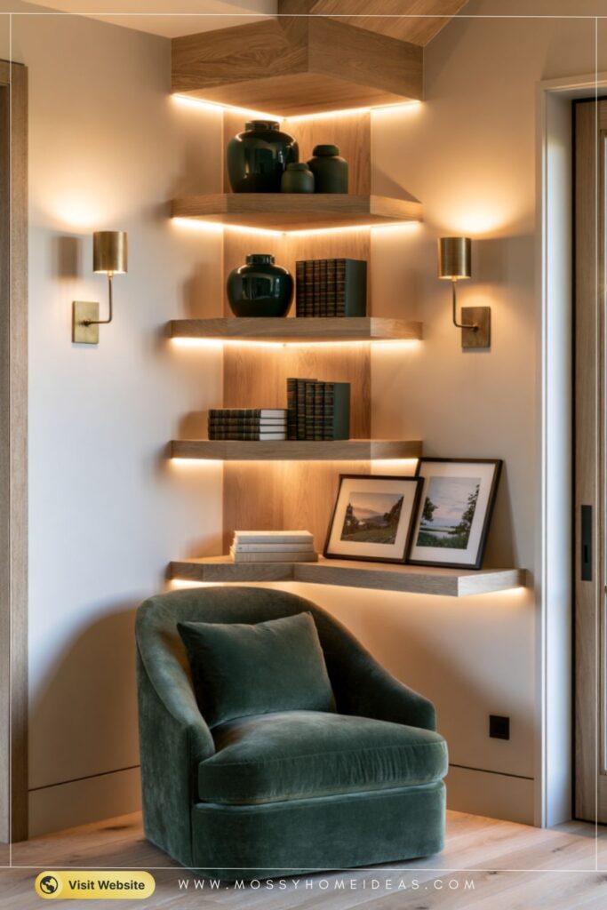 Floating LED Shelves for a Warm Beige Home Library Corner