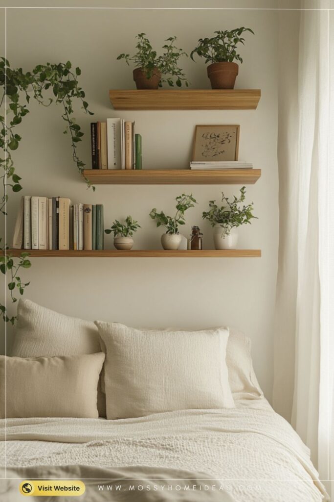 Floating Wall Shelves in Sage Green for an Airy Bedroom Nook
