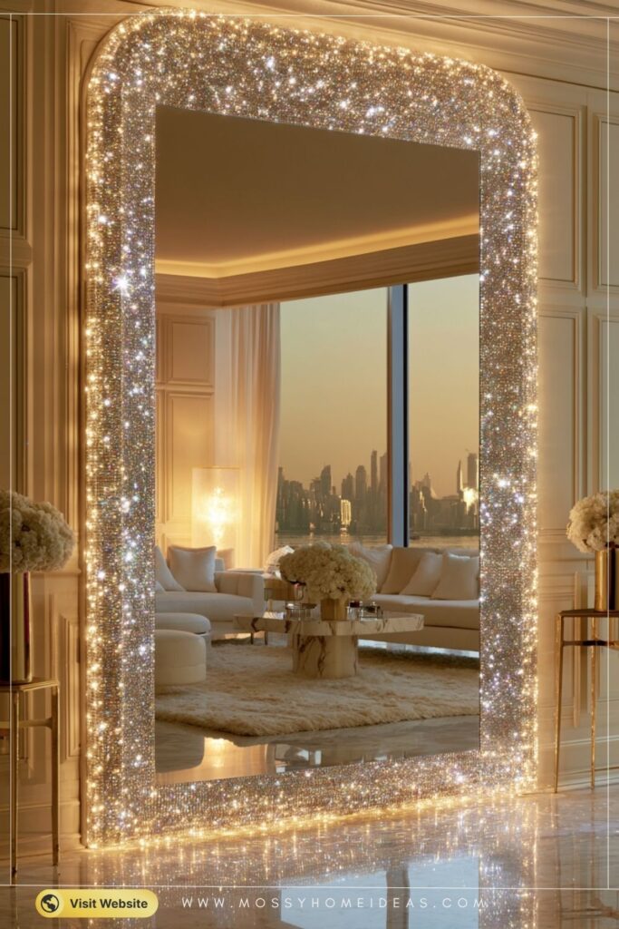 Glamorous Backlit Crystal Mirror Reflecting Elegant City Views