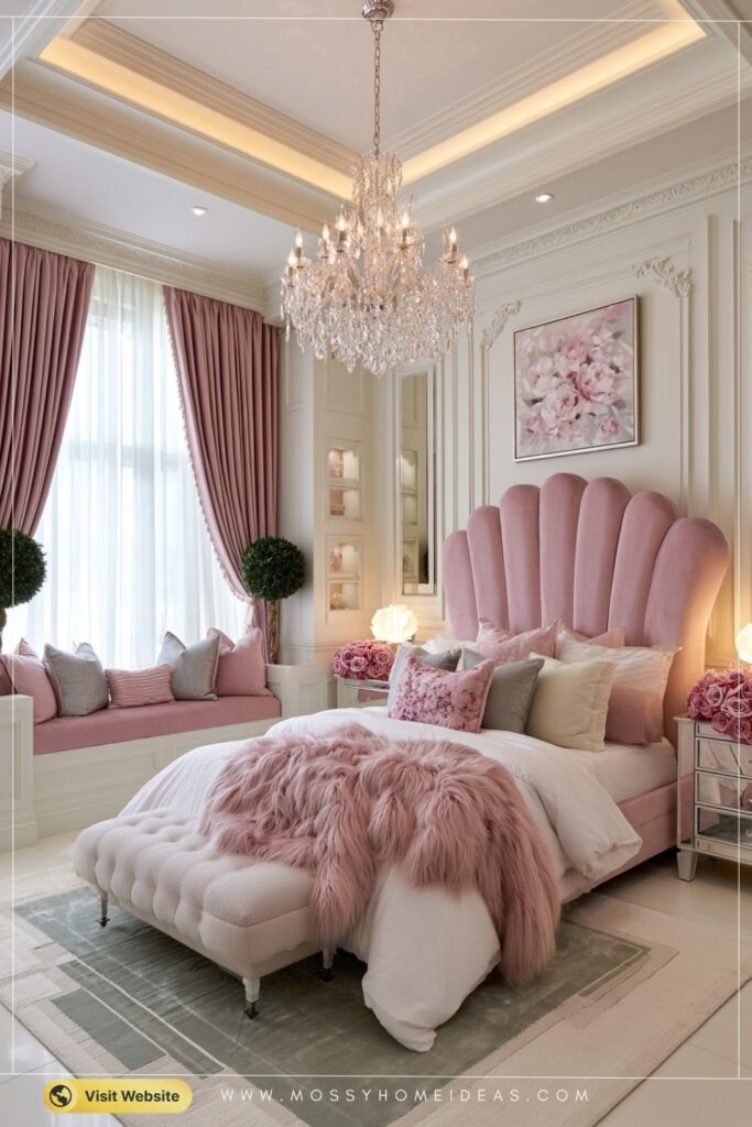 Glamorous Pink Bedroom With Elegant Window Seat And Chandelier