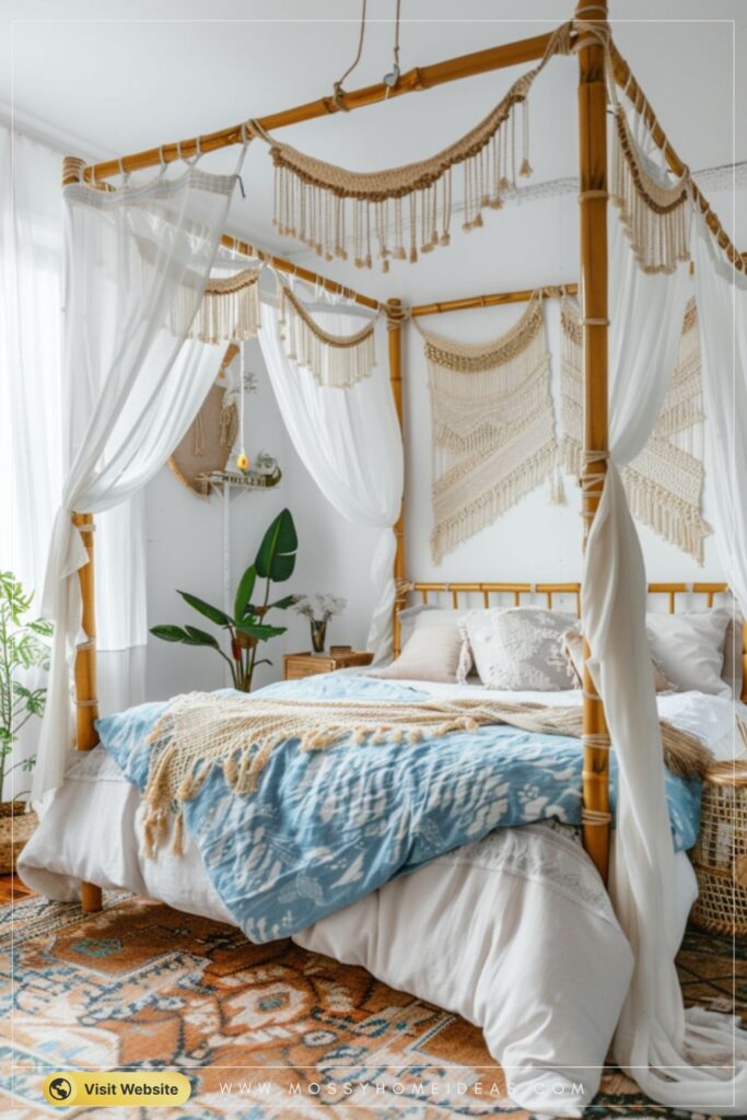 Golden Bamboo Dusty Blue Bohemian Canopy Bed Decor Ideas