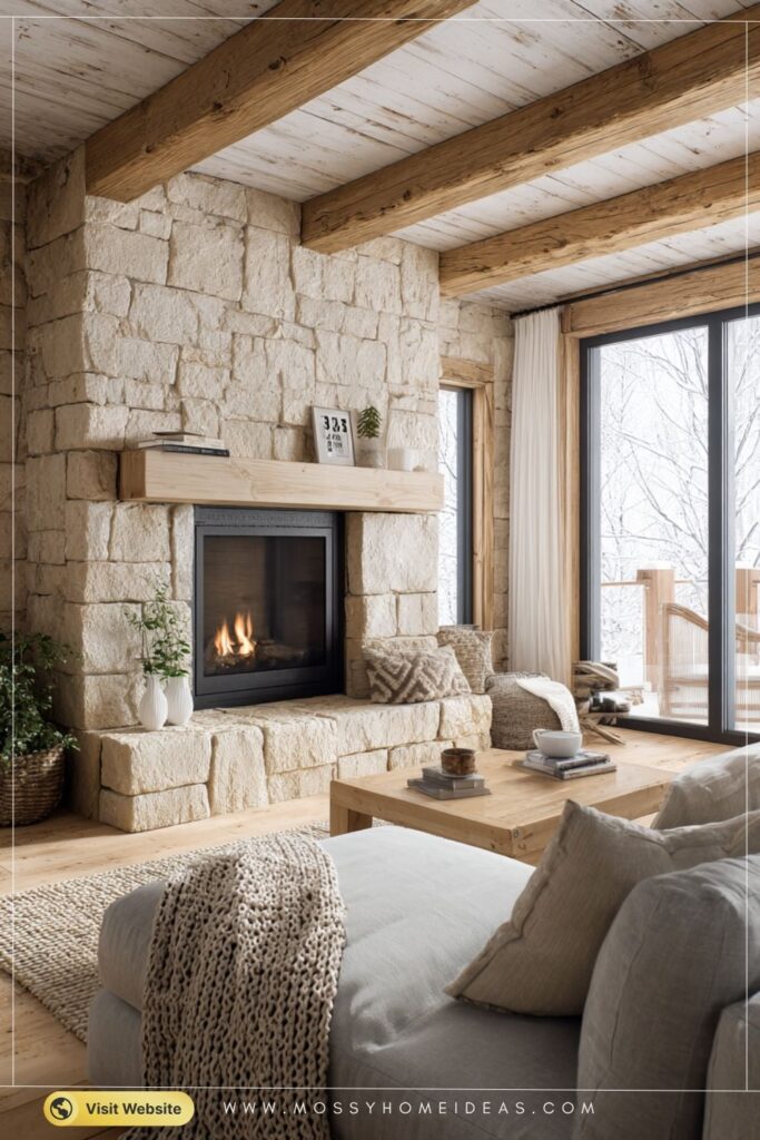 Honey-Gold Stone Corner Fireplace with Scandinavian Hygge