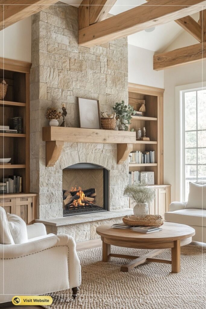 Honey Oak Haven Bright Stone Fireplace Cabin Room