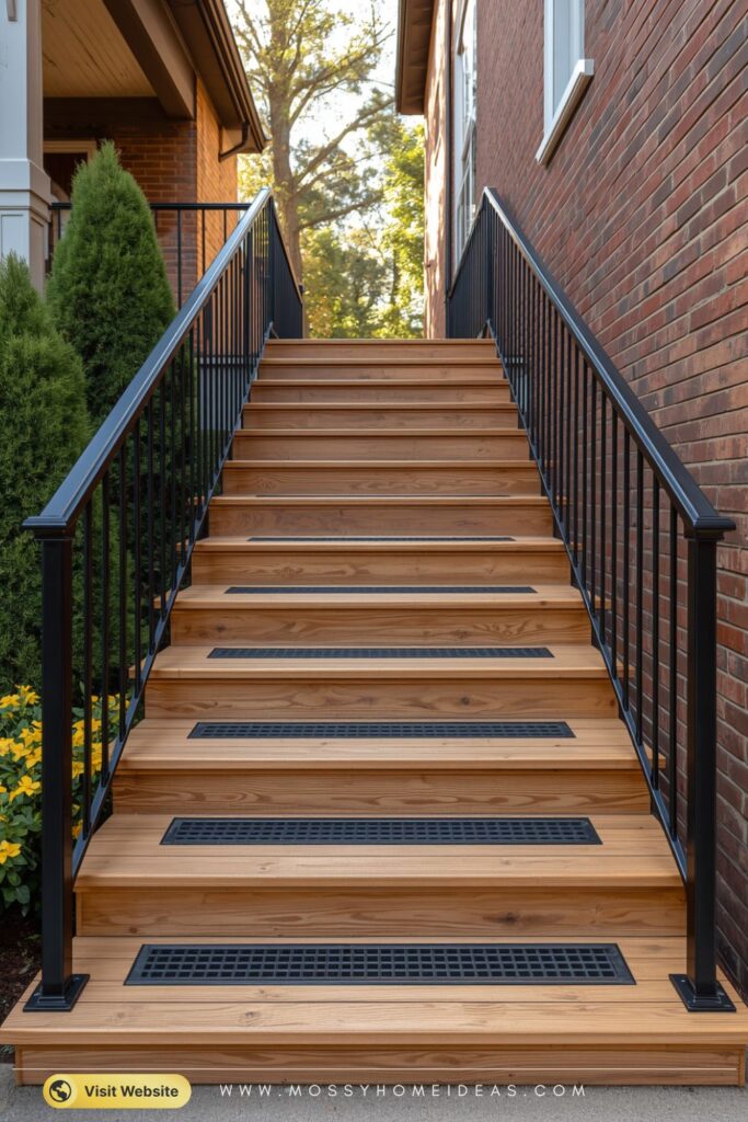 Honey Oak Steps Glow Beside Metal Grates