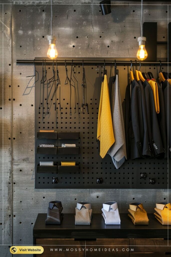 Industrial Pegboard Tie Storage with Mustard Accents