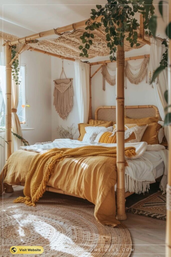 Light Rattan Mustard Yellow Bohemian Canopy Bed Decor Ideas