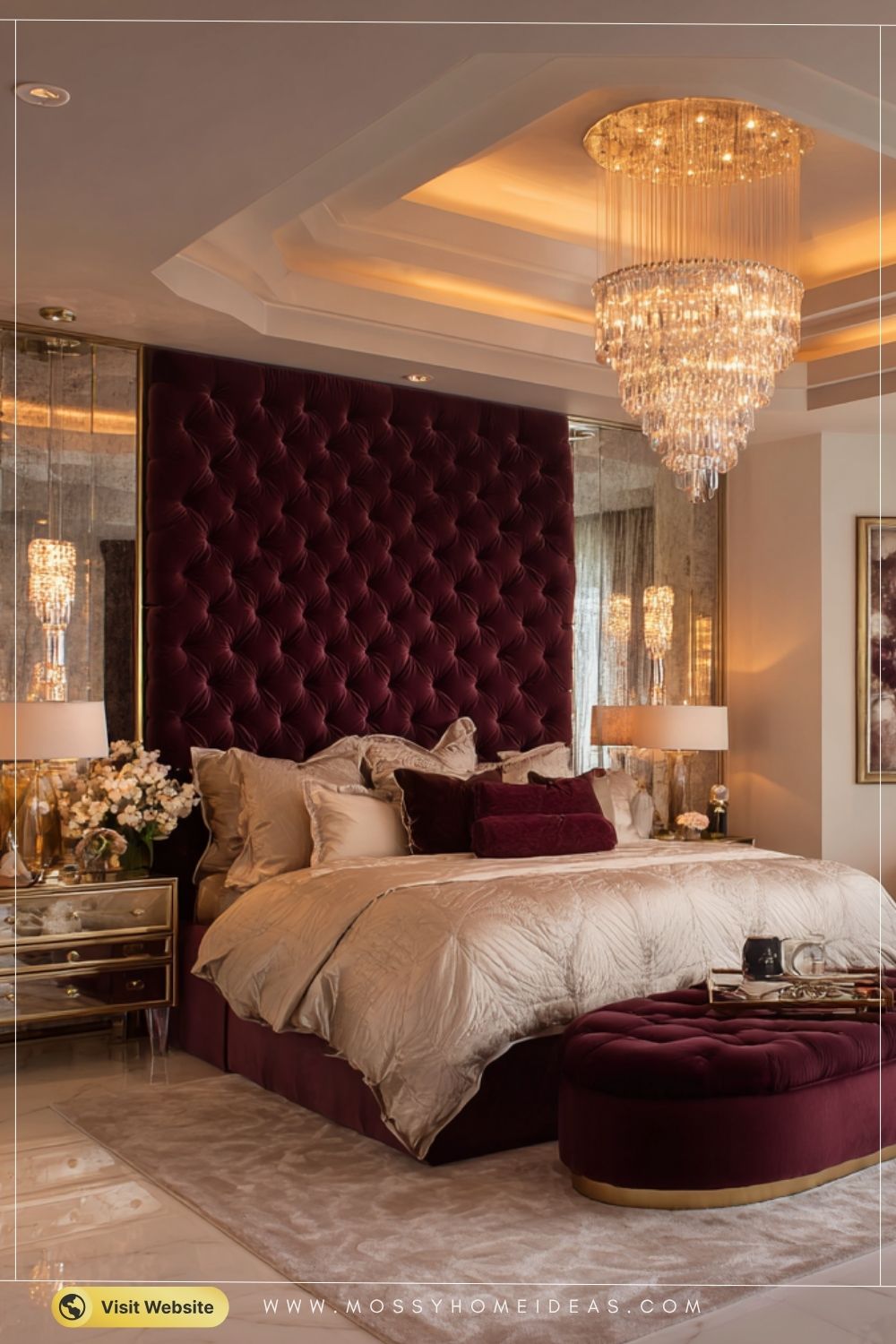 Luxurious Burgundy Bedroom with Crystal Chandelier Gold Accents