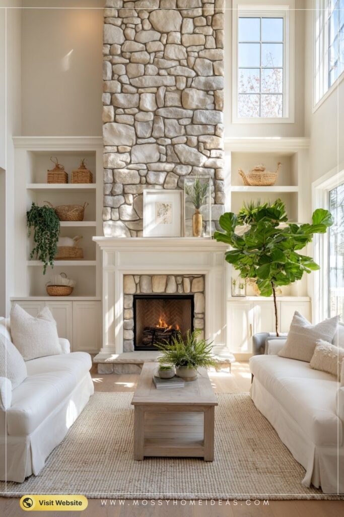 Mocha Mousse Brick Fireplace in Warm Modern Organic Living Room
