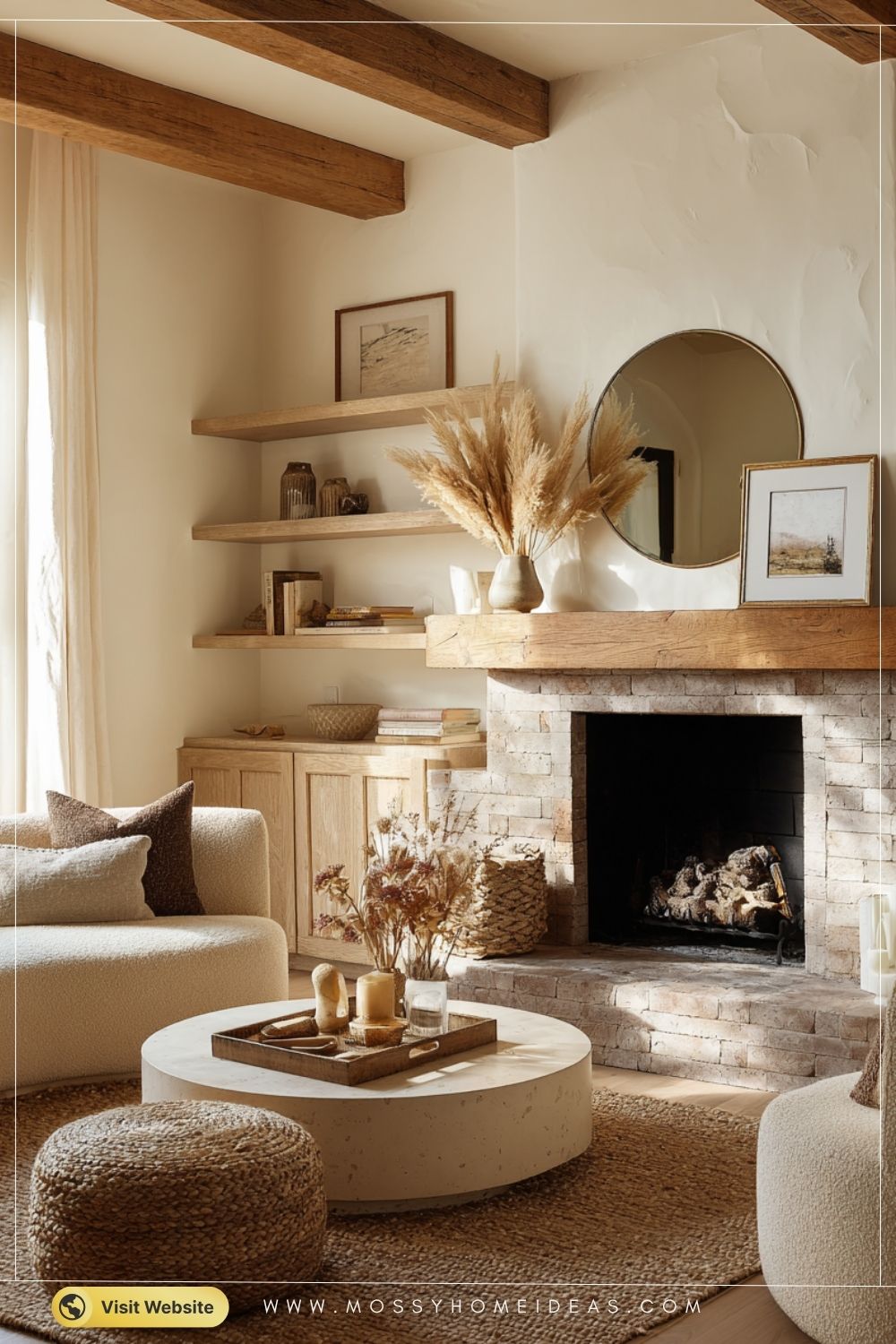 Mocha Mousse Brick Fireplace with Oak Mantel in Organic Modern Corner
