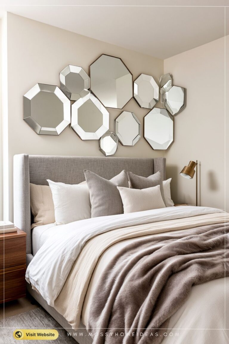 Modern Bedroom With Artistic Beveled Mirror Gallery Wall