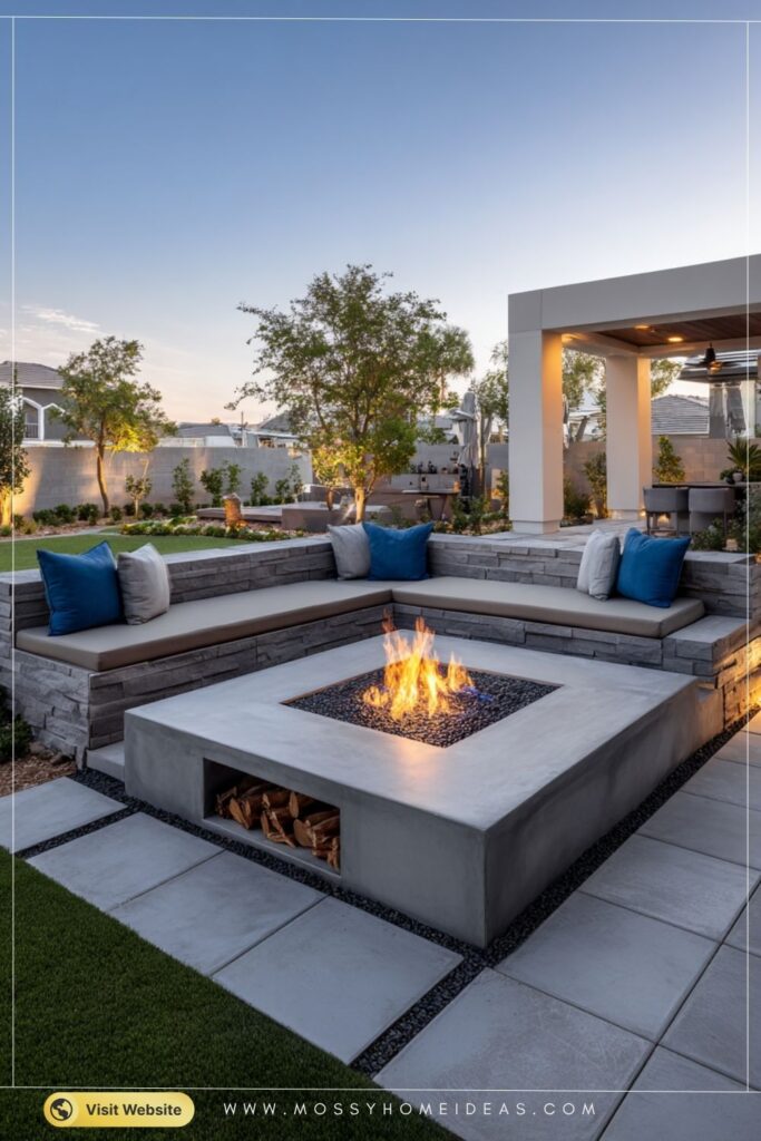 Modern Greige Stone Square Fire Pit with Built-In Sectional Seating