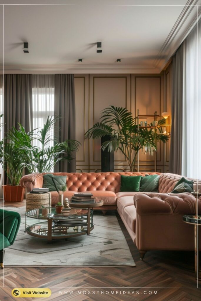Modern Taupe Living Room with Warm Green and Blush Accents