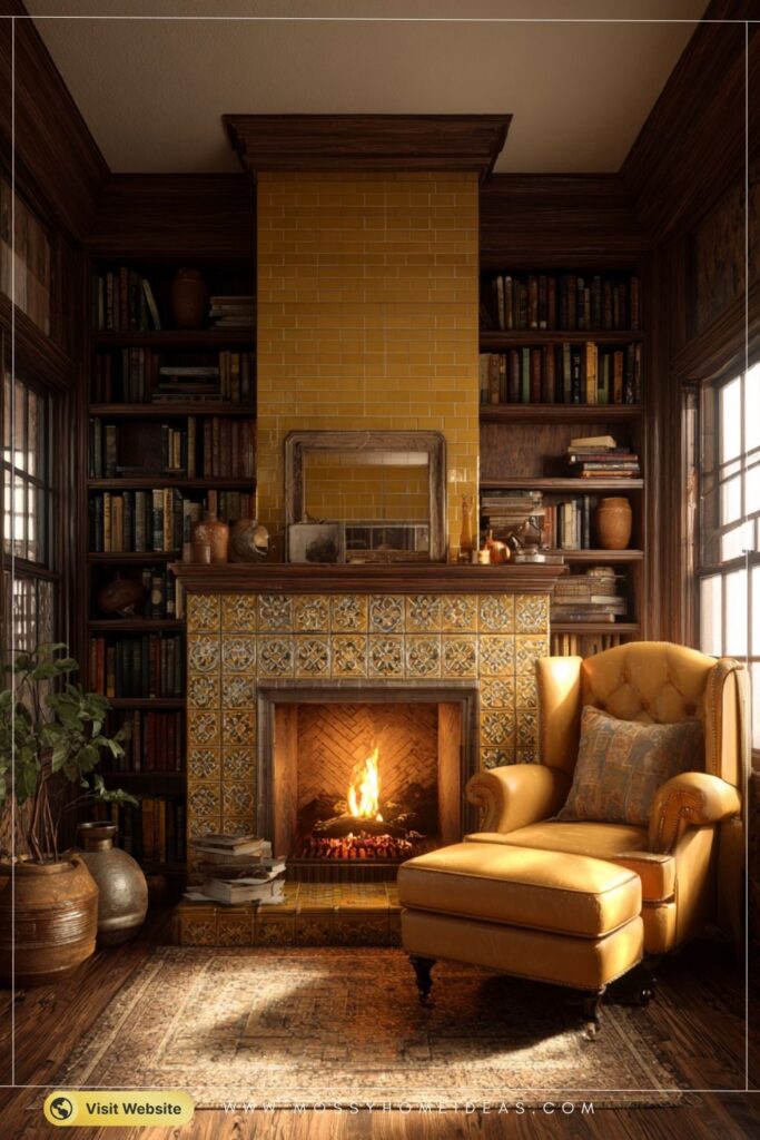 Mustard Glow Golden Glazed Tile Fireplace Reading Room
