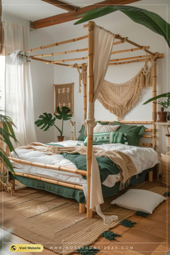 Natural Bamboo Forest Green Bohemian Canopy Bed Decor Ideas