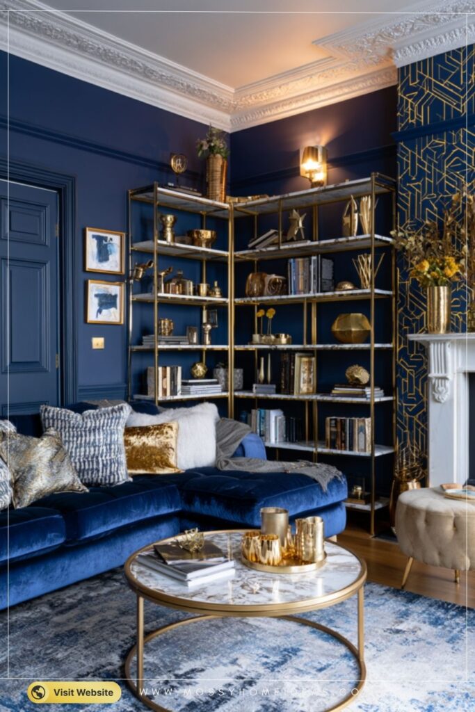 Navy and Brass Corner Shelving for a Bold Living Room Look