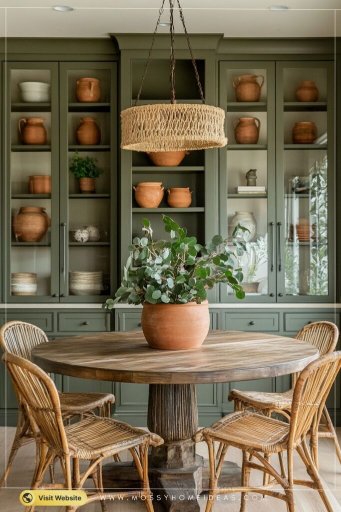 Olive Green Built-In Dining Cabinetry with Earthy Botanical Styling