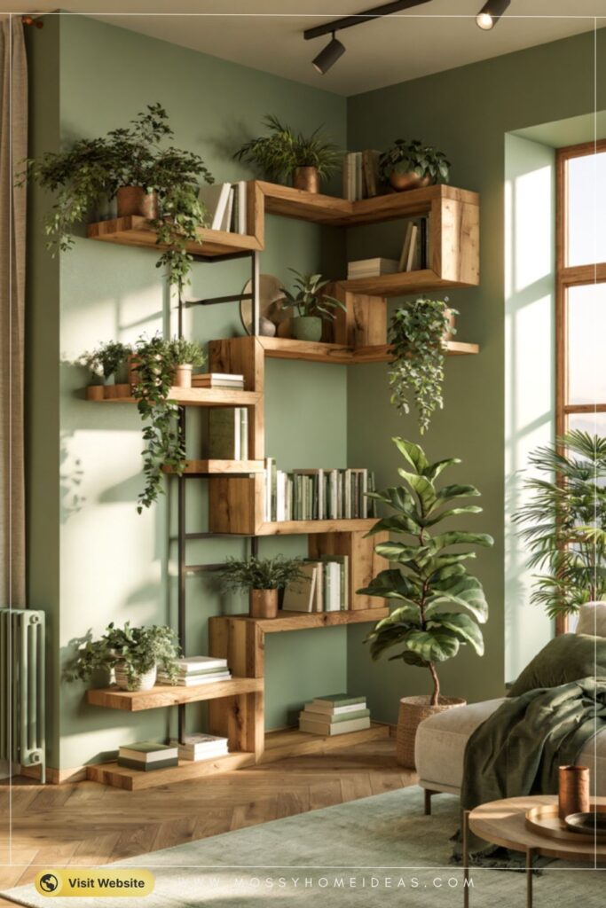 Olive Green Living Room with Zigzag Wooden Corner Storage