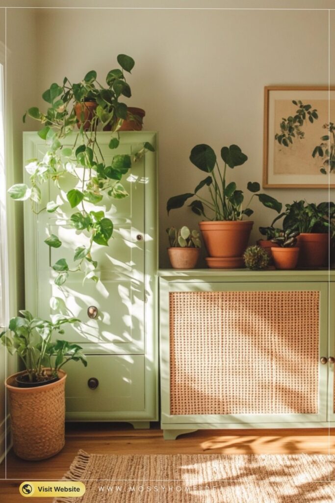 Olive Green Rattan Cabinetry for Earthy Boho Living Rooms