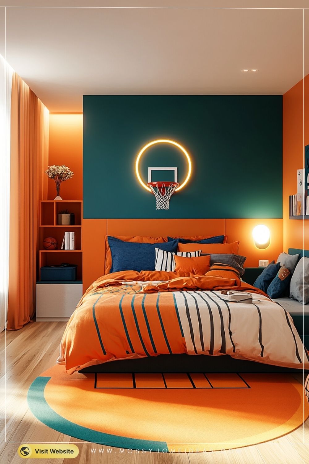 Orange & Teal Basketball Themed Bedroom Idea