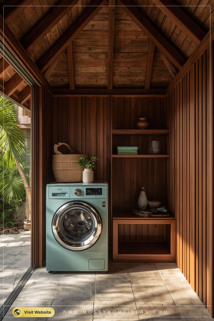 Outdoor Villa Laundry Nook Teak Wood Accents