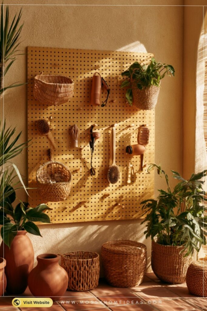 Pegboard Wall Organizer in Warm Mustard for a Boho Bathroom