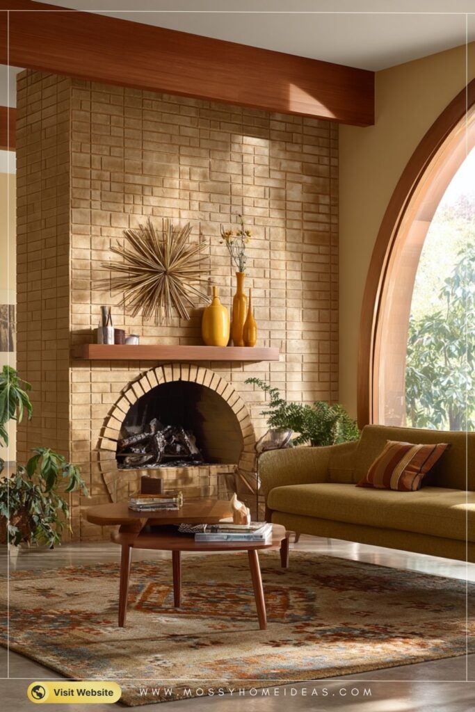 Retro Caramel Brick Fireplace for a Warm Mid-Century Living Room