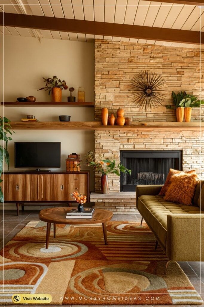 Retro Caramel Stone Fireplace with Teak Shelves