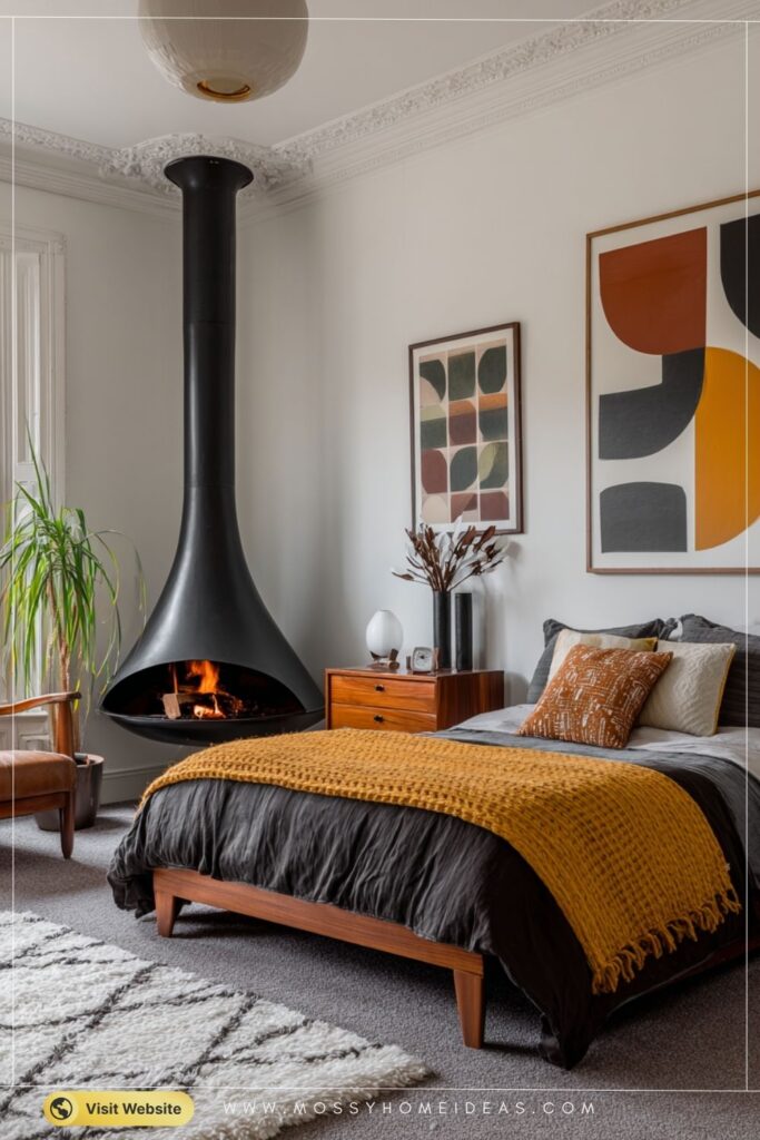 Retro Mustard Ochre Mid-Century Cone Fireplace Bedroom Inspiration