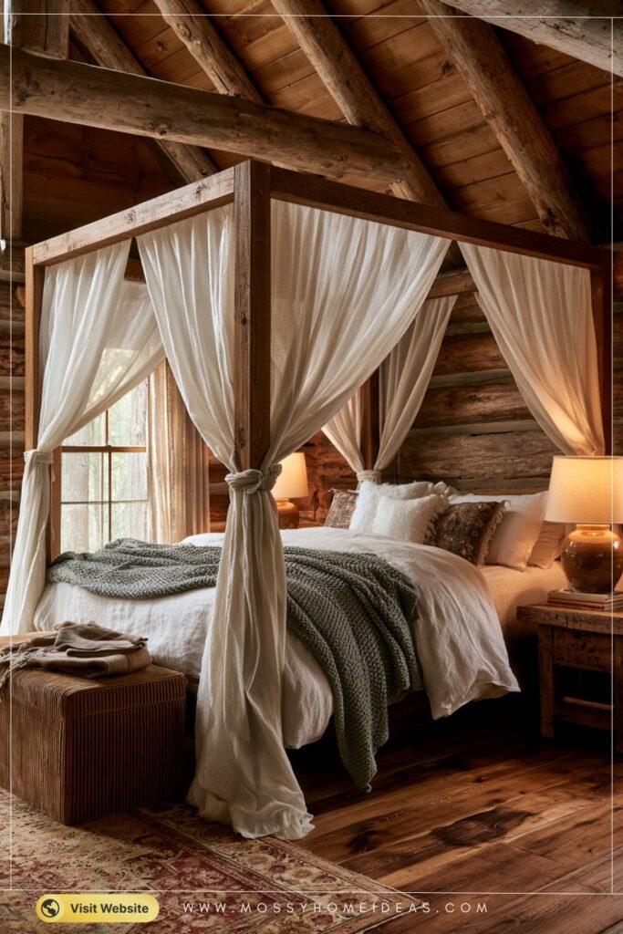 Romantic Log Cabin Bedroom With Dreamy Canopy Bed