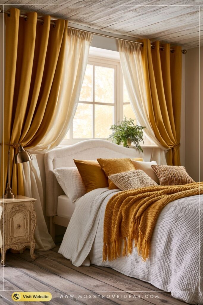 Romantic Mustard Yellow Bedroom With Soft Sheer Curtains