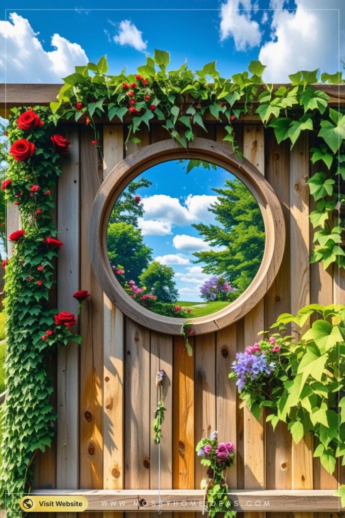 Round Mirror Garden Gate Ivy Covered Fence