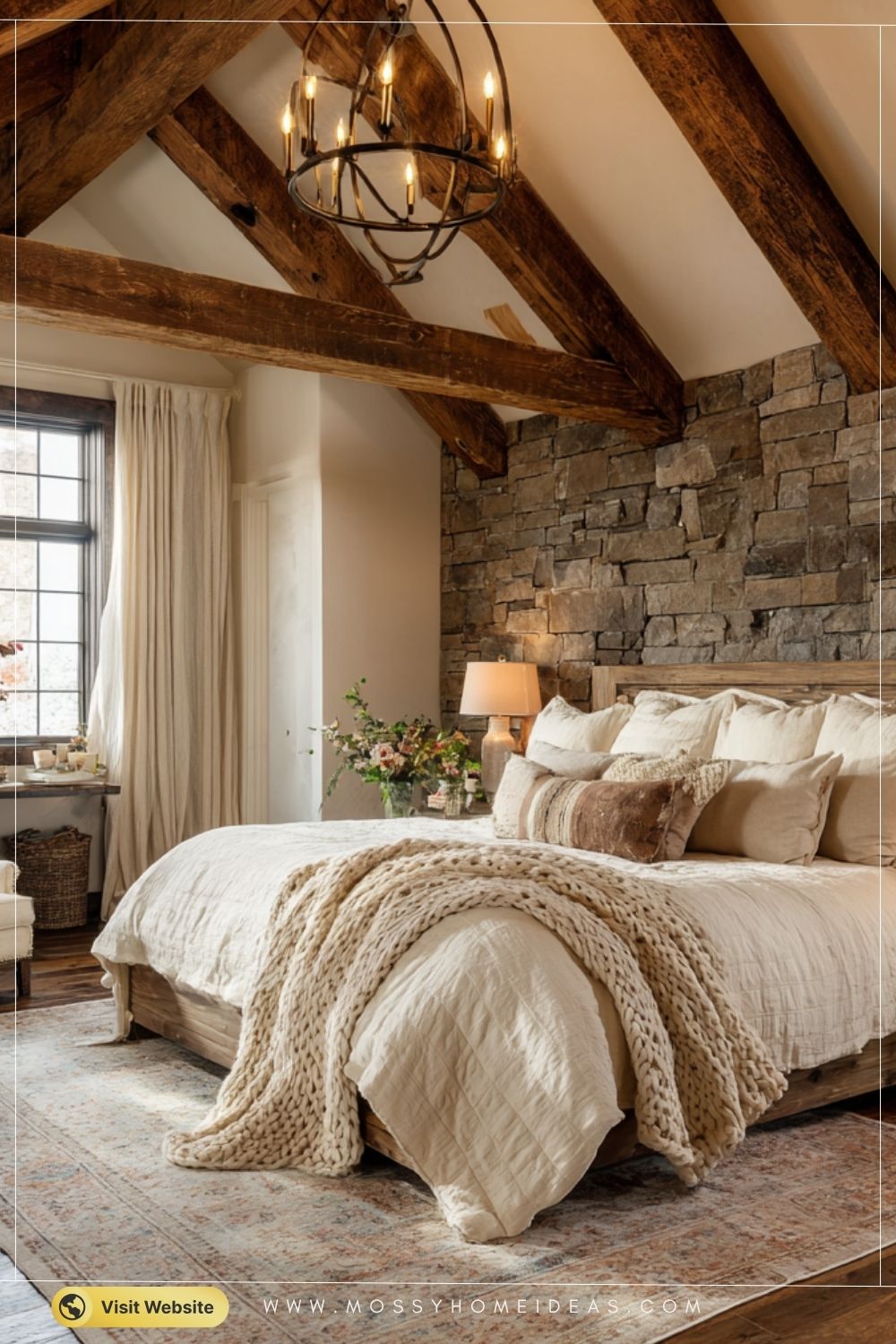Rustic Farmhouse Bedroom with Stone Accent Wall Beams