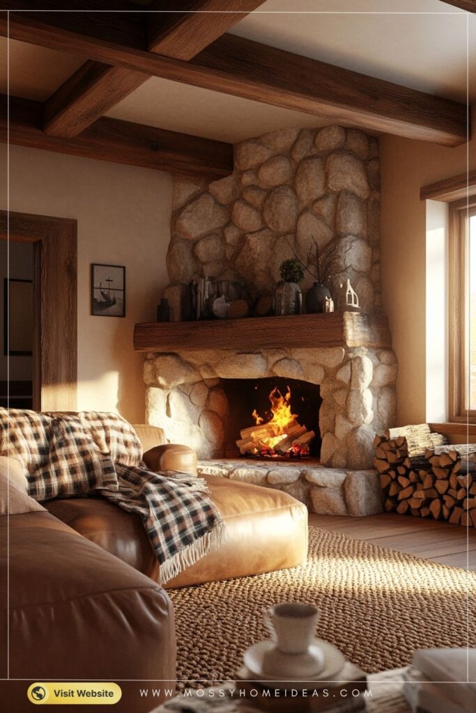 Rustic Stone Charm Earthy Corner Fireplace Living Room