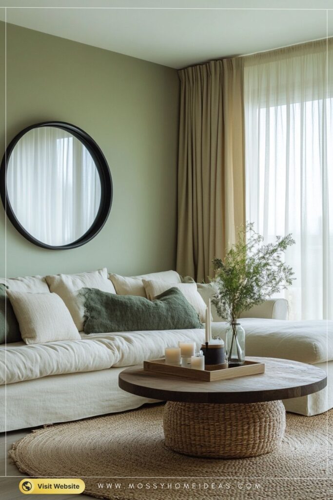 Sage Green Accent Living Room with Natural Wood Warmth